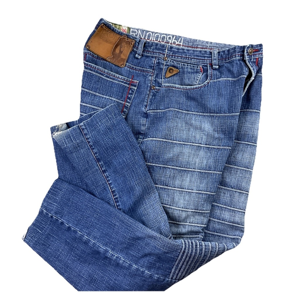Vintage Y2K Akademiks Jeans 36x29 Embroidered Striped Punk Grunge Denim Pant - Picture 2 of 12